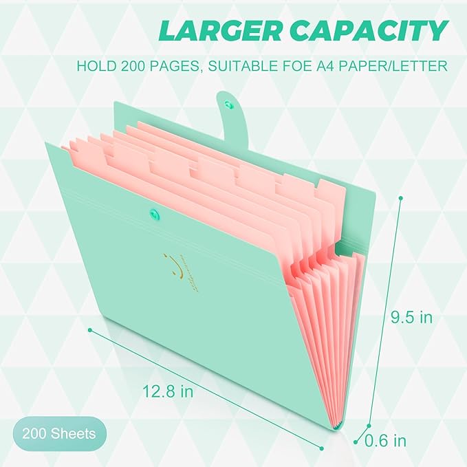 Expanding File Folder, 8 Pockets Accordion File Organizer, A4 Letter Size Paper Document Receipt Organizer Accordian Filing Folder for Classroom, Home, Office and Travel(Green)