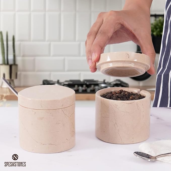Marble Salt Cellar 3 Inch Beige Salt Shakers Set for Kitchen, Salt Containers for Countertop, Sugar Bowl With Lid, Salt Holder, Spice Jars for Seasoning Storage, Salt Box