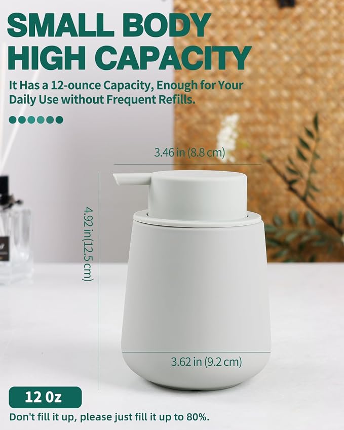 Bosilunlife 12Oz Ceramic Foam Soap Dispenser for Bathroom Kitchen Counter | Premium countertop foam pump creates delicate dense foam, stable desktop placement, Rubber Paint Light Grey