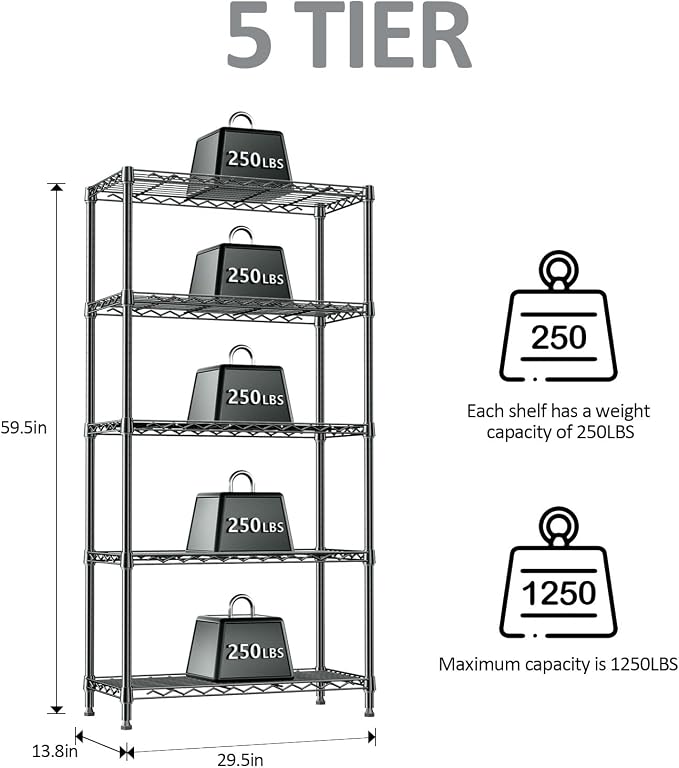 Storage Shelving Unit for Garage and Pantry, 30" Wide Metal Wire Shelf | 5-Tier, 13.8" D x 29.5" W x 59.5" H, 1750 lbs Organizers and Storage Black Shelves for Garage, Kitchen, Office and Laundry