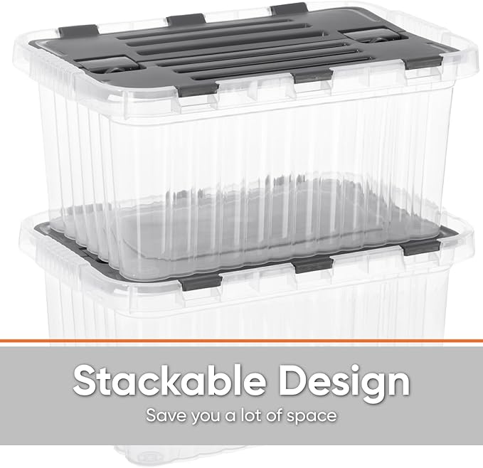 Superio Storage Box with Hinged Lids, Plastic Container Bins for Organizing with Attached Lid, Stackable Crates, BPA Free, Organizers for Home and Dorm, 10.5 Quart (Clear with Grey Lids, 15"x10"x7")