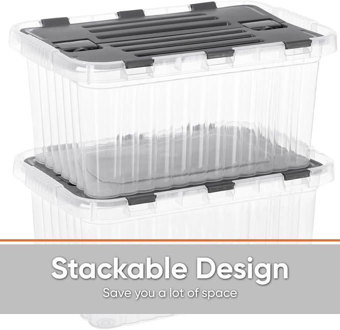 Superio Storage Box with Hinged Lids, Plastic Container Bins for Organizing with Attached Lid, Stackable Crates, BPA Free, Organizers for Home, 17 Quart (Clear with Grey Lids, 15"x10"x10.25")