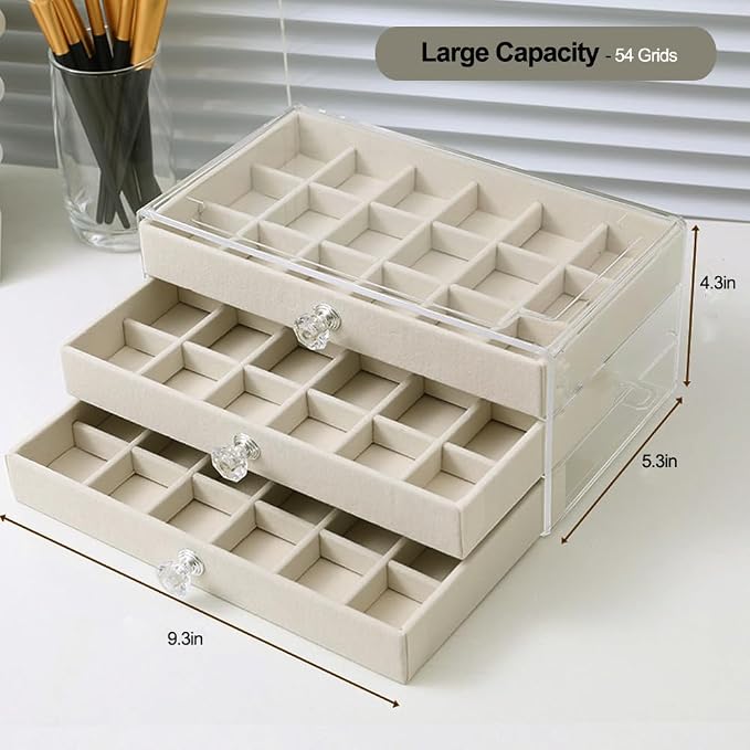 SPAKOWN Earring Box Holder Organizer Display Case | Clear Velvet Jewelry Storage Tray Organizer for Earring Ring Stud (Beige - 3 Drawers)