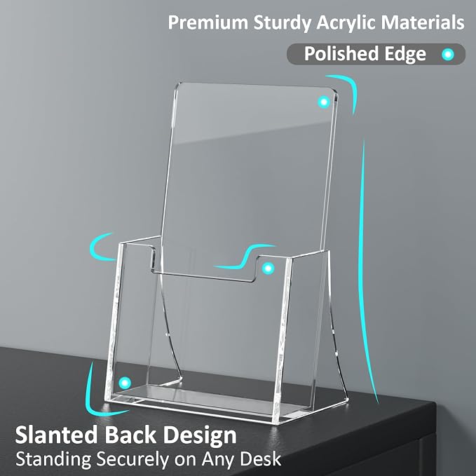 Acrylic Brochure Holder 4 Inch, 6 Pack, 4''x9'' Stand, Countertop Organizer | Clear Brochure Display Stand, Plastic Pamphlet Holder, Flyers, Literature, Magazines, Booklets, Journals, Desk Holder, Office
