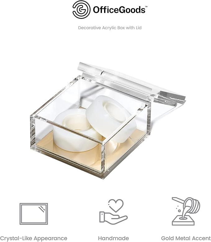 OfficeGoods Acrylic Desk Organizer w/Gold Base – Functional & Elegant Odds & Ends Box for Display or Storage – Perfect for Home or Office, Kitchen, Bathroom Vanity, Curio Display - Large