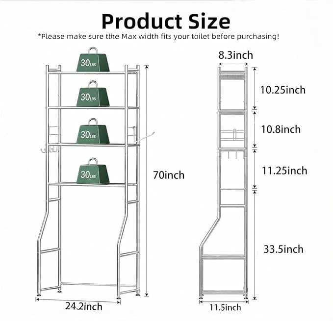 Ekisemio Over the Toilet Storage Cabinet, Metal 4 Tier Bathroom Shelves Over Toilet, Bathroom Oragnizer with 4 Hooks and Paper Holder, Chrome
