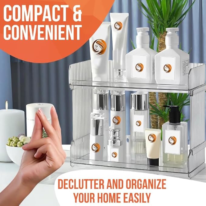 Skywin TidyFriend Stackable Plastic Storage Bins Open Front, 2-Tier Acrylic Pantry Organizer Bins With Linear Design for Kitchen, Toy Organizers and Bathroom Essentials (Clear)