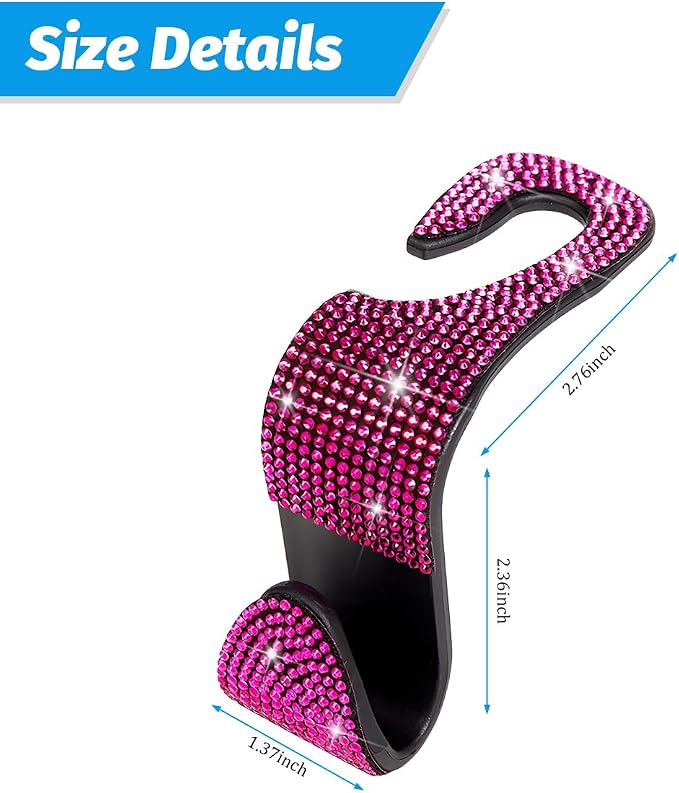 Zpana 4PCS Bling Car Seat Headrest Hooks, Vehicle Back Seat Purse Handbag Hanging Holder with Crystal Rhinestone, Diamond Storage Organizer Hook, Universal Automotive Accessories (Black/Pink)