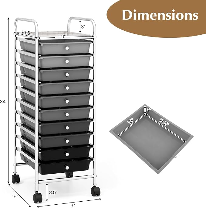 DREAMADE Rolling Cart with Storage Drawers, Utility Cart with Removable Plastic Drawers, Lockable Wheels, Art Cart for Classroom Organization Art Supplies Office Scrapbook (10 Drawers, Mixed-black)