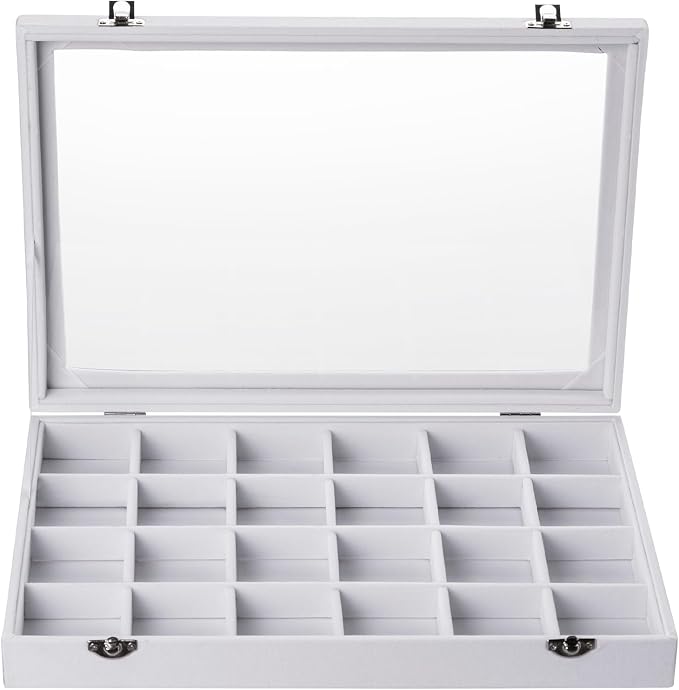 Frebeauty 24 Grid Earring Organizer,Velvet Jewelry Tray with Clear Lid | Drawer Jewelry Organizer for Rings Studs Brooch,Adjustable Divider,Dustproof Design,Earring Storage,Trinket Box,13.8×9.5Inch