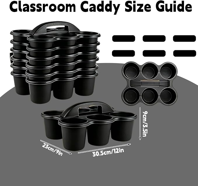 6 Pack Classroom Caddy Organizer with Handle Black Plastic Table Caddy 6 Compartments Storage Cup Holder for School Supplies Art Crafts Crayons Pencils Stackable Desk Caddy for Office Home