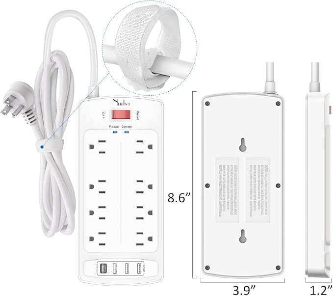 Surge Protector Power Strip - Nuetsa Flat Plug Extension Cord with 8 Outlets and 4 USB Ports, 10 Feet Power Cord, 2700 Joules, ETL Listed, White