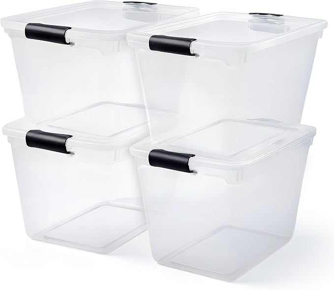 HOMZ 4-Pack 31 Quart Latching Lid, Clear Plastic Storage Organizer Bins, Gray – Stackable Containers for Home & Office Shelves, Kitchen, Garage, and Bathroom Organization