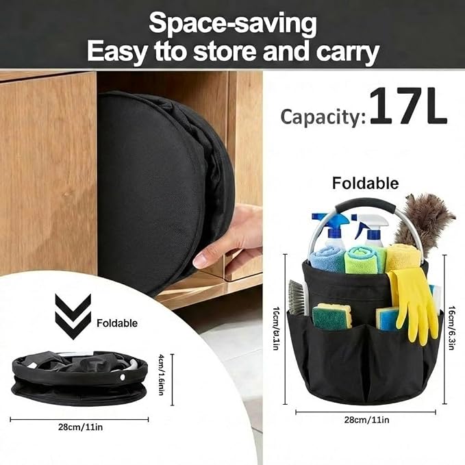 Foldable Cleaning Caddy with Handle 17L Large Cleaning Supplies Organizer 600D Oxford Portable Bucket Basket with 6 Pockets for Home Bathroom Garden Garage - Black