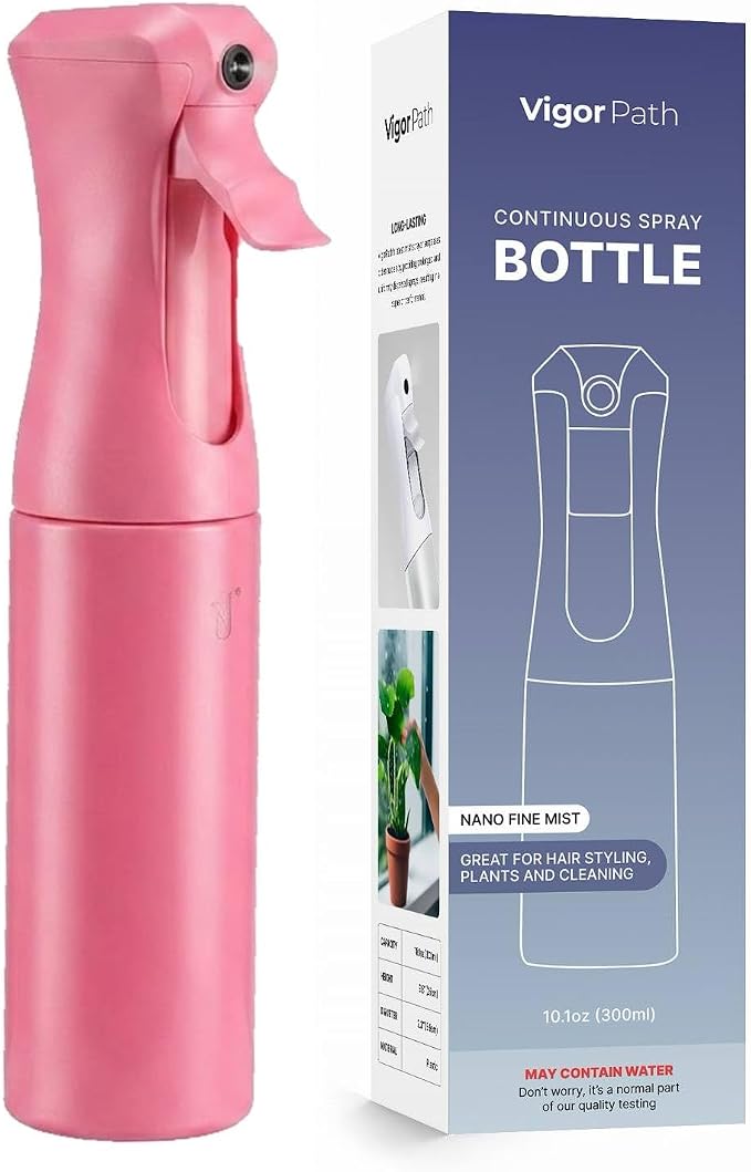 VIGOR PATH Continuous Spray Bottle for Hair – Fine Mist Mister for Hairstyling, Cleaning, Plants, Pets, Barbers, Salons, and Essential Oil Applications (300ml/10 oz) Pink
