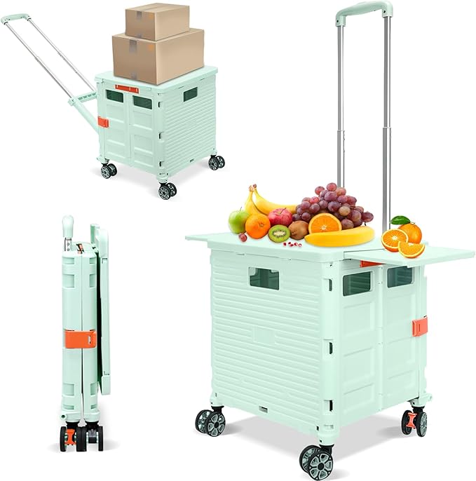 SELORSS Foldable Utility Cart Rolling Crate Handcart Shopping Cart with Rotate Wheels Extended Magnetic Lid Telescoping Handle Adjustable Angle for Transports Groceries Office Teacher File(Green)