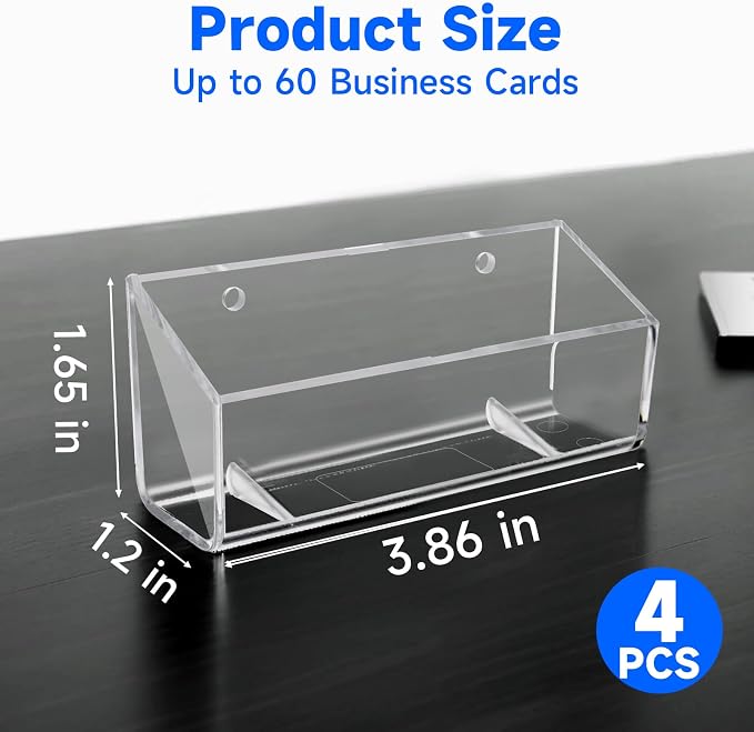 Acrylic Business Card Holder, Wall Mount Name Card Holder, Office Calling Cards Display Holder Stand, Visiting Cards Desktop Organizer for Wall Mount or Place on Desk, Fits 40-60 Business Cards (4)