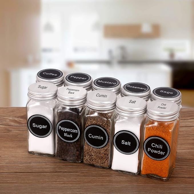 SWOMMOLY 771 Printed Spice Jar Labels with Extra Write-on Labels, Pantry Stickers and Chalk Marker Pen. Chalkboard and Transparent Set