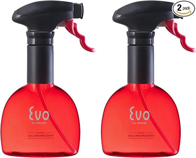 Evo Oil Sprayer Minis, Non-Aerosol for Olive, Cooking Oils, and Vinegars, Red, 8-Ounce Capacity, Set of 2 | Set of Two 8 Oz Non-Aerosol Sprayers, Fan-Shaped 1/4 Tsp per Pull, Rotating Nozzle, Ergonomic Trigger