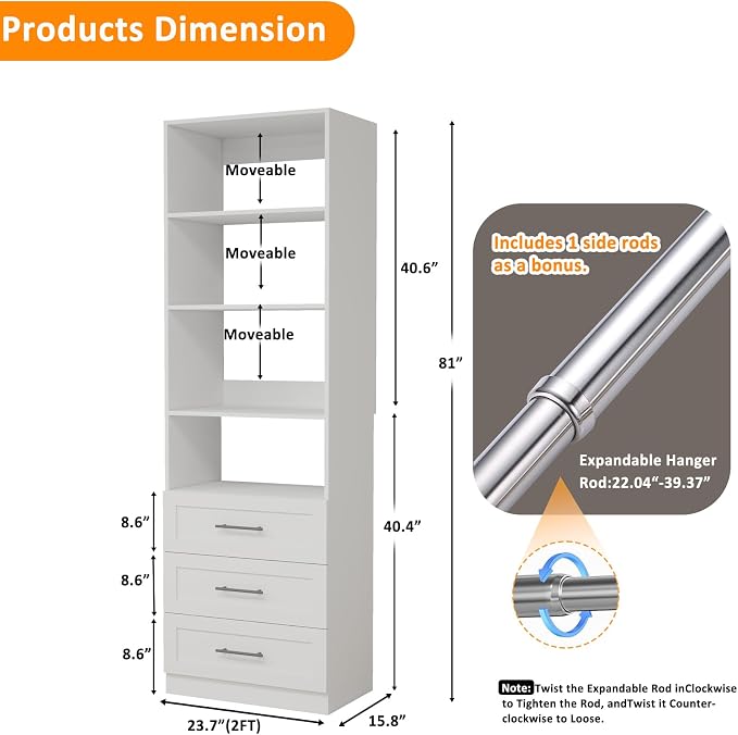 Closet System with 3 Drawers and Shelves, secilix 81" Wood Closet Organizer System, 2FT Modular Closet System for Walk in Closet, Modular Storage Tower with Expandable Hanging Rod, White