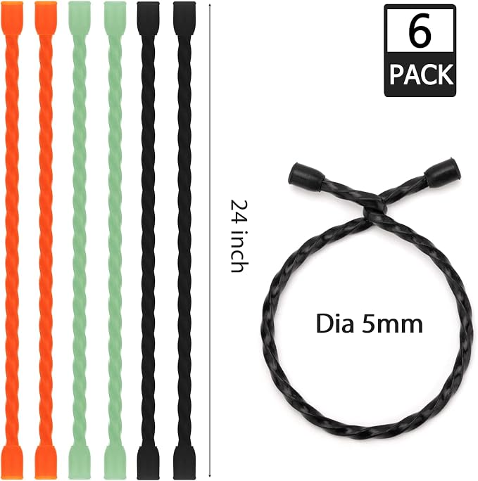6 PCS 24-Inch Silicone Cable Ties Dia 5mm Reusable Steel-Core Rubber Twist Ties Bendable Cable Ties for Bundling and Holding, All Purpose Cord Tie for Indoor and Outdoor (Orange,Green,Black)