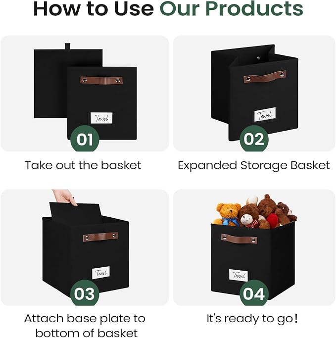 FinishingBo 10.5" x 11" Storage Bins with Labels 6 Pack | PU Leather Handles, Foldable Storage Cubes, Storage Baskets, Closet Storage, Black
