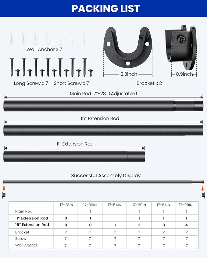 Supforce Closet Rods for Hanging Clothes, 17 to 129 Inches Stepless Adjustable Metal Closet Rod, 1.3 Inches Heavy Duty Clothes Hanging Rod for Closet Wardrobes Laundry RV, Black