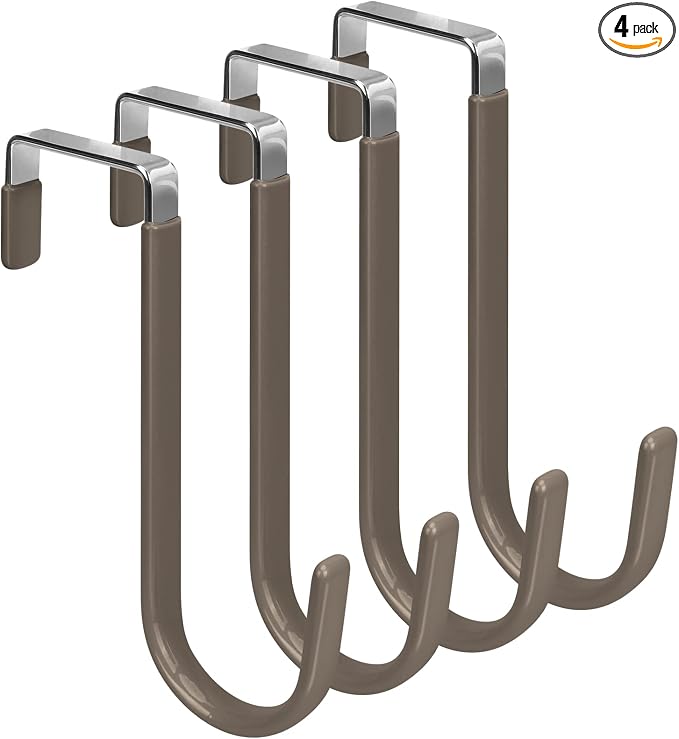 FYY Over the Door Hooks, Single-Hanger 4 Pack, Fits Doors 1 3/8" Brown | Heavy Duty Metal, Hold 20lbs, Rubber-Coated, No-Drilling, for Bathroom Dorm, Hanging Towels Clothes Hats Bags Coats Wreaths