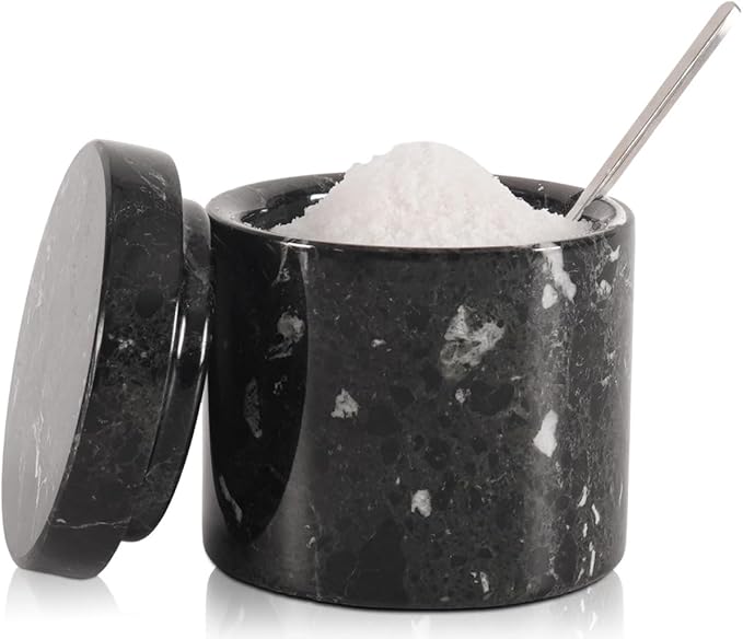 Marble Salt Cellar 3 Inch Black Table Salt Containers for Countertop - Sugar Bowl With Lid, Salt Holder, Spice Jars, Salt Box for Seasoning Storage Container, Salt Dish for Kitchen Decor