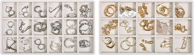 Stackable Jewelry Organizer Trays with Removable Dividers, 2-Tray Beige Jewelry Drawer Organizer Set for Earrings, Necklaces, Rings & Bracelets Gift for Her