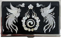 Mother of Pearl Business Card Case Credit Id Name Holder Travel Wallet Art Painting Design Metal Stainless Steel Engraved Slim Purse Pocket Cash Money Wallet (Phoenix)