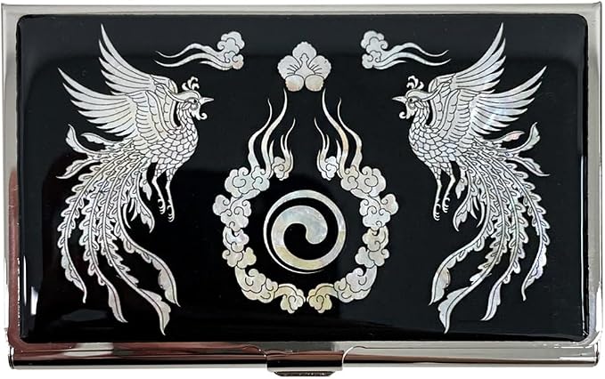 Mother of Pearl Business Card Case Credit Id Name Holder Travel Wallet Art Painting Design Metal Stainless Steel Engraved Slim Purse Pocket Cash Money Wallet (Phoenix)