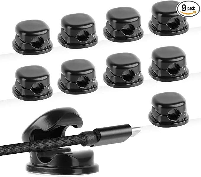 7mm Spring Cable Holder Clips, 9 Pack Desk Cord Organizer, Black | Compact cord clips blend into desk edges, bedside tables and car interiors; reduce cord clutter without taking much space