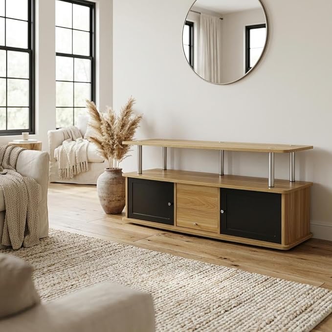 Furnifact Brown TV Stand with 3 Storage Cabinets and Shelf for TVs up to 55 Inches, Particle Board, Modern Style, Durable Construction, Space Saving Design