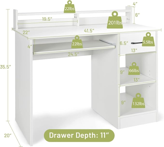 Tangkula White Computer Desk with Keyboard Tray & Drawer, Modern Wooden Study Writing Desk with Storage Shelves & Hutch for Home Office or Kids' Bedroom