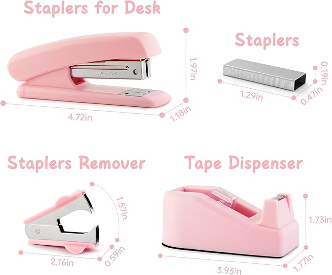 Pink Office Supplies Set for Kids, Stapler and Tape Dispenser for Women, Pink Desk Accessories for Kids, Office Desk Accessories Gift for Women, Boss Lady, Coworkers