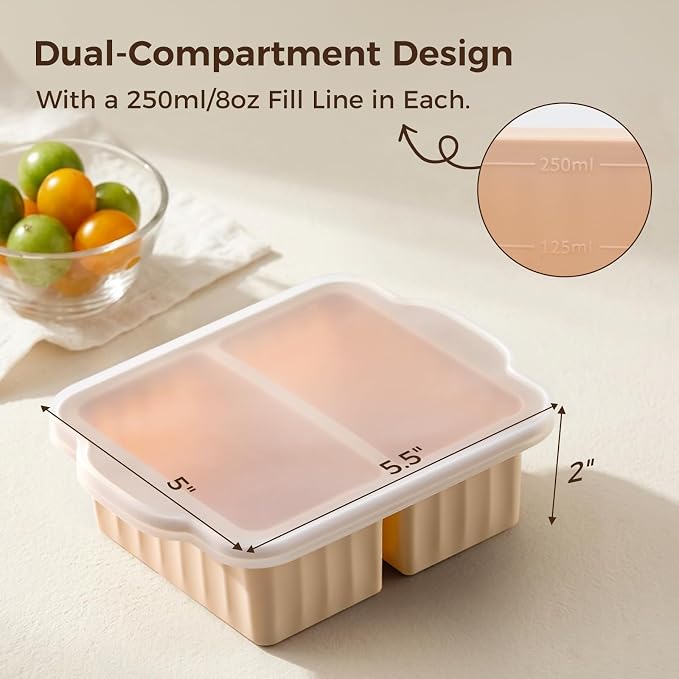 Silicone Freezer Trays with Lids, 2-Cavity Soup Molds with Reinforced Steel Rim, Versatile 1-Cup Per Compartment (5-Pack) for Broth, Sauce, Leftovers & Large Ice Cubes, Oven & Dishwasher Safe