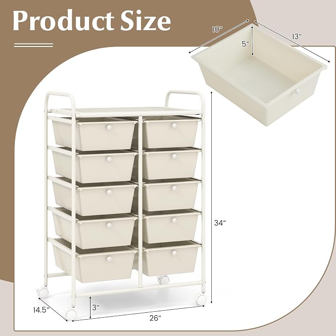 COSTWAY 10 Drawer Rolling Storage Cart, Utility Cart with Lockable Wheels | Mobile Art Supply Craft Organizer with Metal Frame, Multipurpose Drawer Cart for Paper for Office, School, White