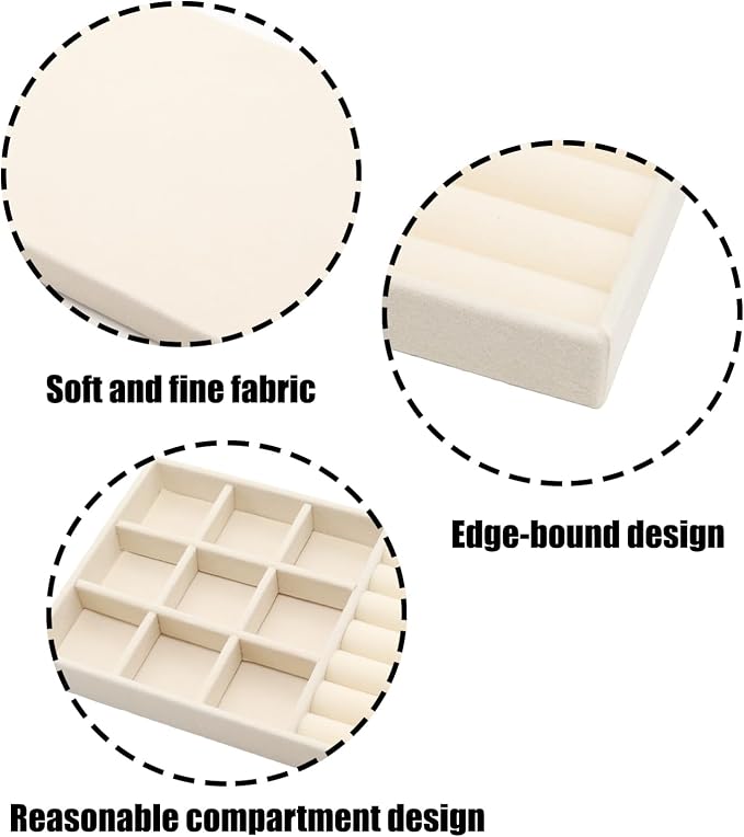 Velvet Jewelry Organizer Trays Beige Stackable Jewelry Storage Display Tray with Removable Dividers, 9 Grids and Rolls