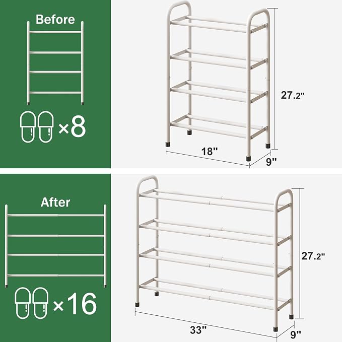 kiplant Expandable Shoe Rack, 4-Tier Expandable Metal Shoe Rack,Shoe Shelf for Closet, Entryway & Hallway