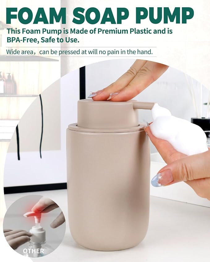 BosilunLife Foam Soap Dispenser, Hand Pump Dispenser for Kitchen Sink | Ceramic Foaming Hand Wash Dispenser for Bathroom Modern Farmhouse Small Soap Dispenser Lotion (Khaki, Foam Pump)