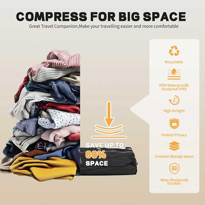 EULANT Travel Vacuum Bags,IPX8 Waterproof Vacuum Compression Bag | Vacuum Bags for Travel Carry-On Suitcase & Travel Backpack,Space Saver Bags Packing Organizers
