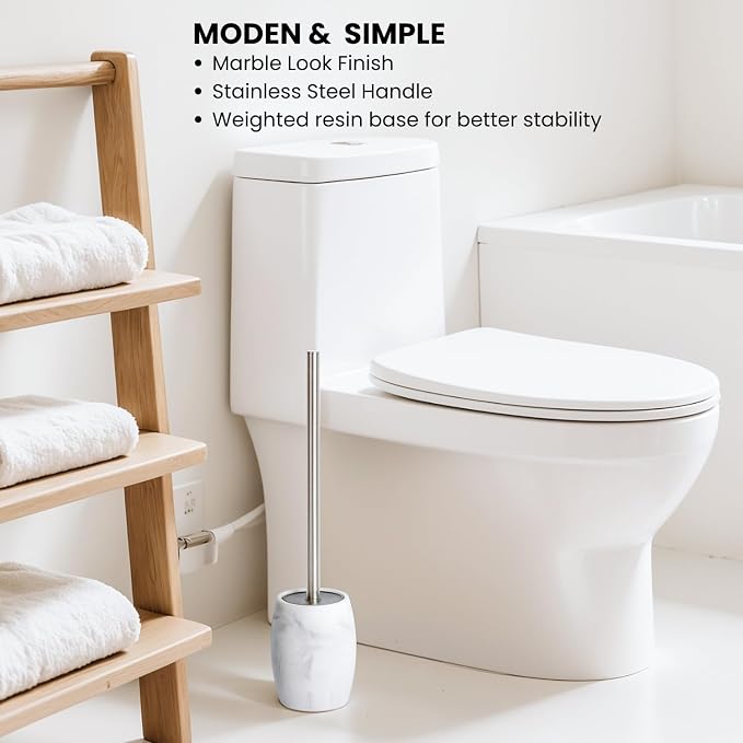 Clasin Home Toilet Bowl Brush and Holder with Stainless Steel Long Handle, Toilet Scrubber Brush with Durable Base, 360° Deep Cleaning Bristles for Bathroom, Compact Set for Small Space (White)