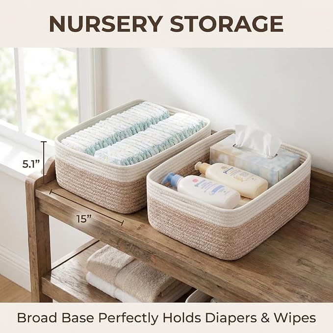 Large Shallow Basket, 15"x11"x5.1", Baskets for Organizing 3 Pack | Shallow Storage Basket for Shelves, Living Room, Nursery, Bathroom, Cotton Rope Basket Organizer, Decorative Flat Basket Tray