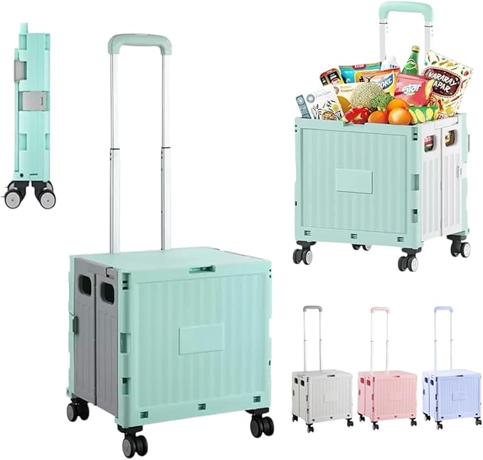Foldable Rolling Utility Cart with Lid and Telescoping Handle,Collapsible Plastic Storage Crate with 360° Swivel Wheels,Portable Shopping Trolley for Groceries,Travel,Officeand Household Use (Green)
