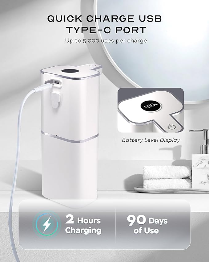 Automatic Soap Dispenser Touchless, 6-Level Adjustable,13.5oz/400ml Rechargeabled Wall Mounted Smart for Bathroom and Kitchen Dish Soap,White