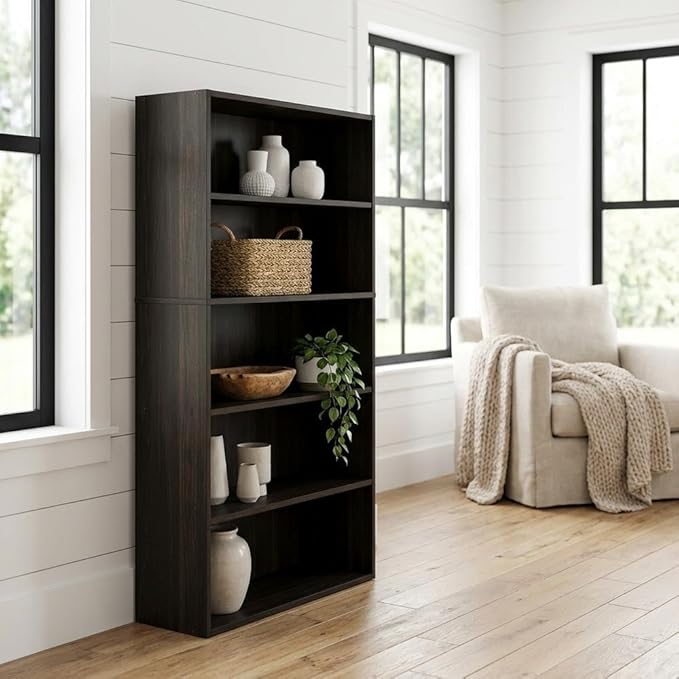 Furnifact Espresso 5-Tier Open Shelf Bookcase, Modern Storage Solution, Sturdy Wood Construction, Compact Design, Ideal for Living Room or Office