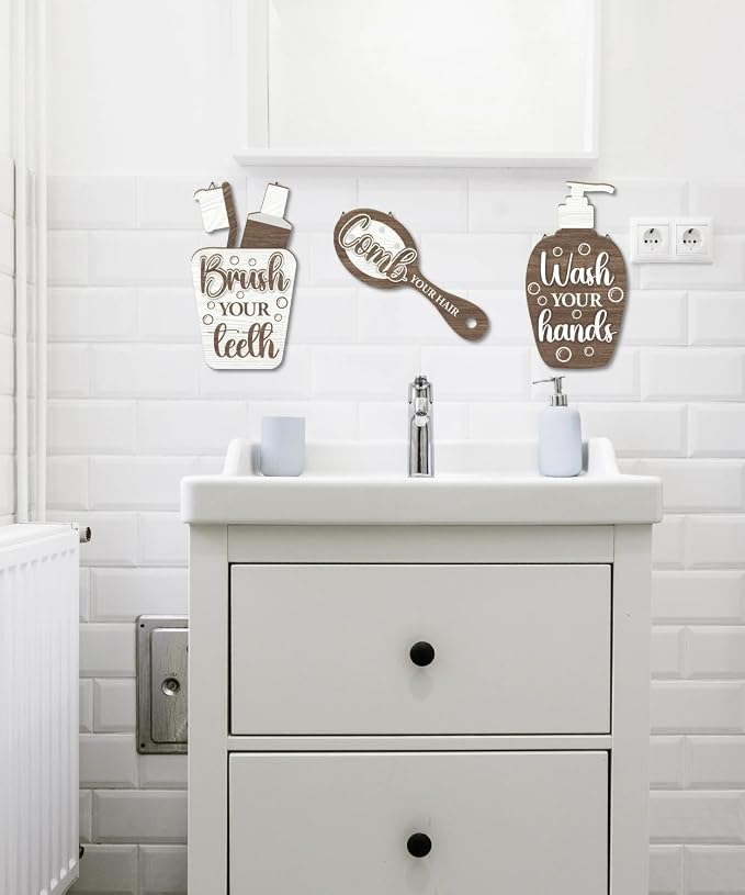 Putuo Decor Bathroom Wall Decor Sign Set Brush Your Teeth Comb Your Hair Wash Your Hands Wooden Wall Hanging for Kids Bathroom Home Restroom Decor