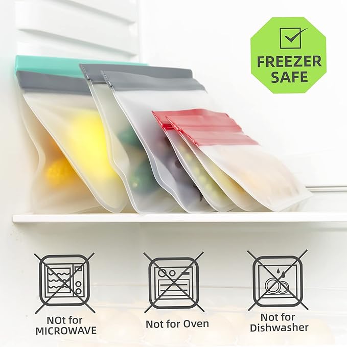 LeMuna 12 Pack Reusable Food Storage Bags with Baggy Rack (4 Gallon Freezer Bags, 4 Reusable Sandwich Bag, 4 Reusable Snack Bags), Food Grade Reusable Freezer Bags BPA Free, PEVA Leakproof | BPA Free, Leakproof, Food Grade, Freezer Safe Bags, Reusable