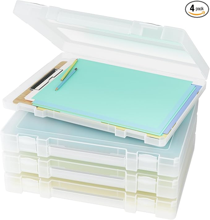 Denkee Large Paper Storage Box, 4 Pack Plastic Scrapbook Paper Storage Organizer with Handle for A4, 8.5 x 11 US Letter, Portable File Document Case, Board Game Storage